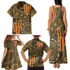 Australian Yellow Banksia Flowers Family Matching Tank Maxi Dress and Hawaiian Shirt Aboriginal Dot Art