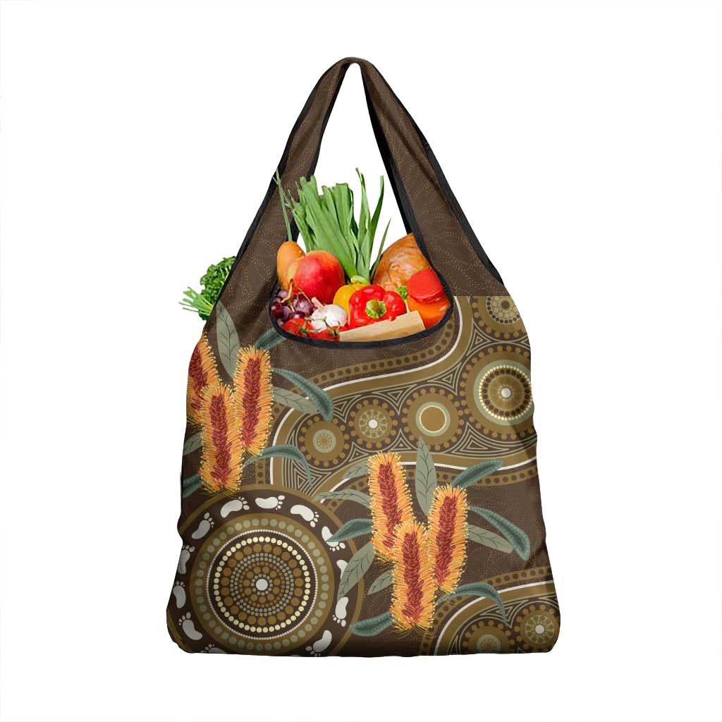 Australian Yellow Banksia Flowers Grocery Bag Aboriginal Dot Art
