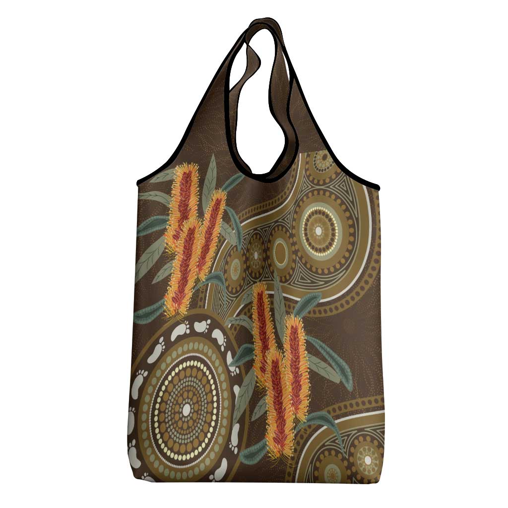 Australian Yellow Banksia Flowers Grocery Bag Aboriginal Dot Art