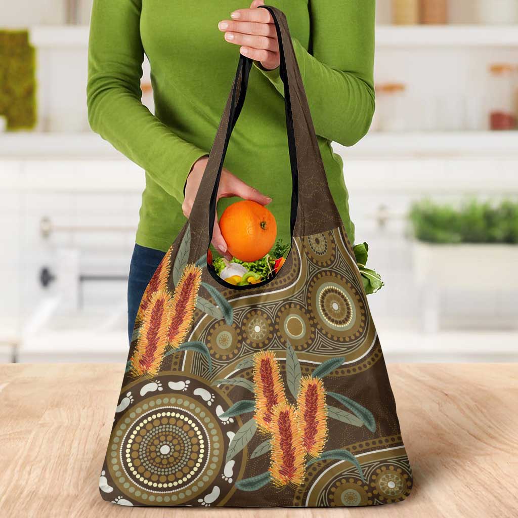 Australian Yellow Banksia Flowers Grocery Bag Aboriginal Dot Art