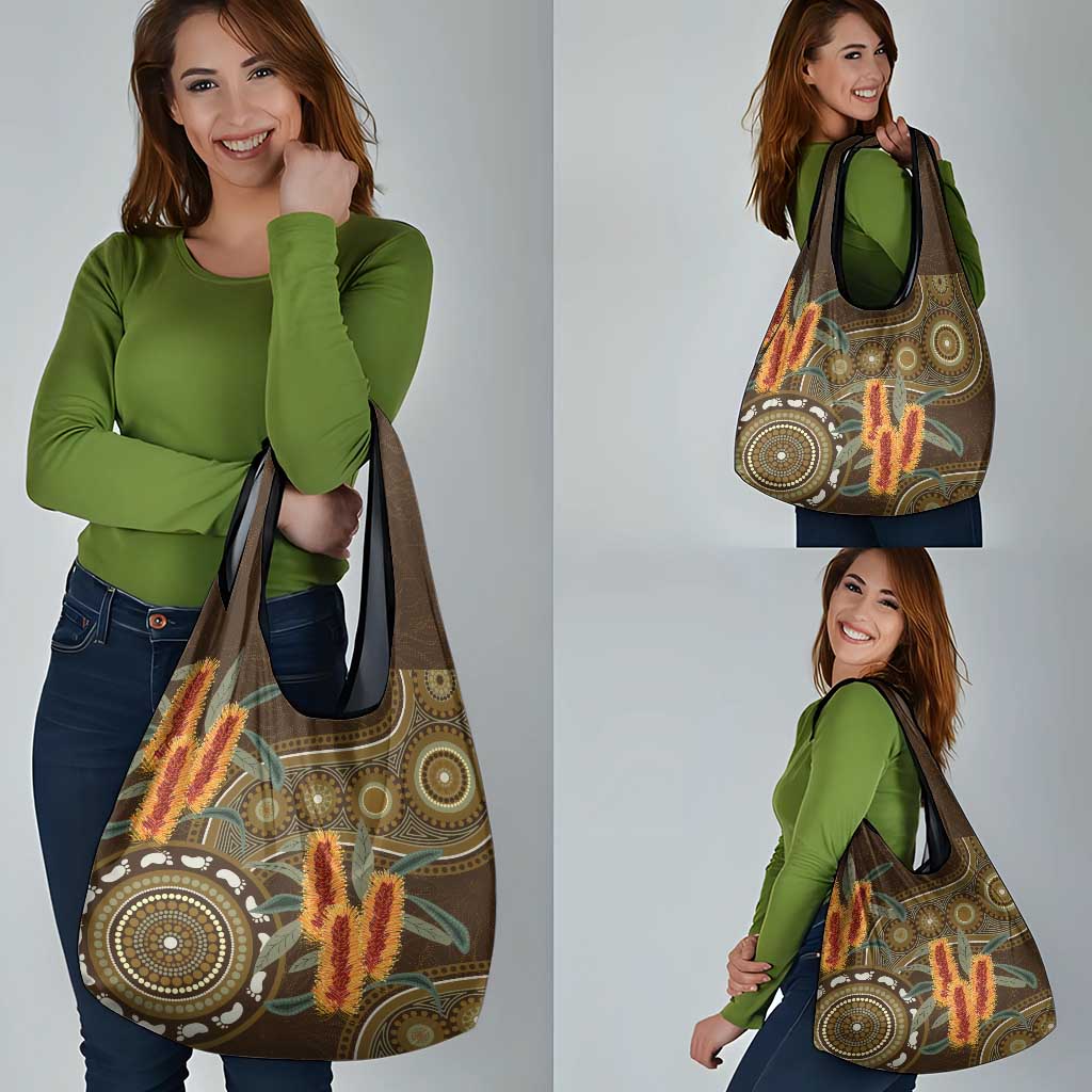 Australian Yellow Banksia Flowers Grocery Bag Aboriginal Dot Art