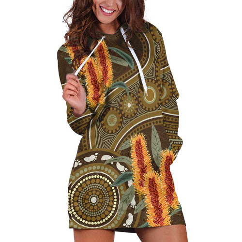 Australian Yellow Banksia Flowers Hoodie Dress Aboriginal Dot Art