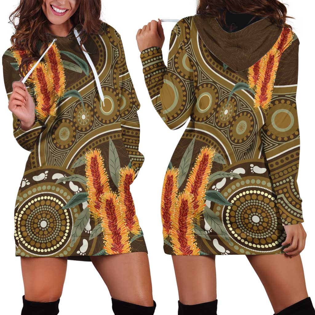 Australian Yellow Banksia Flowers Hoodie Dress Aboriginal Dot Art