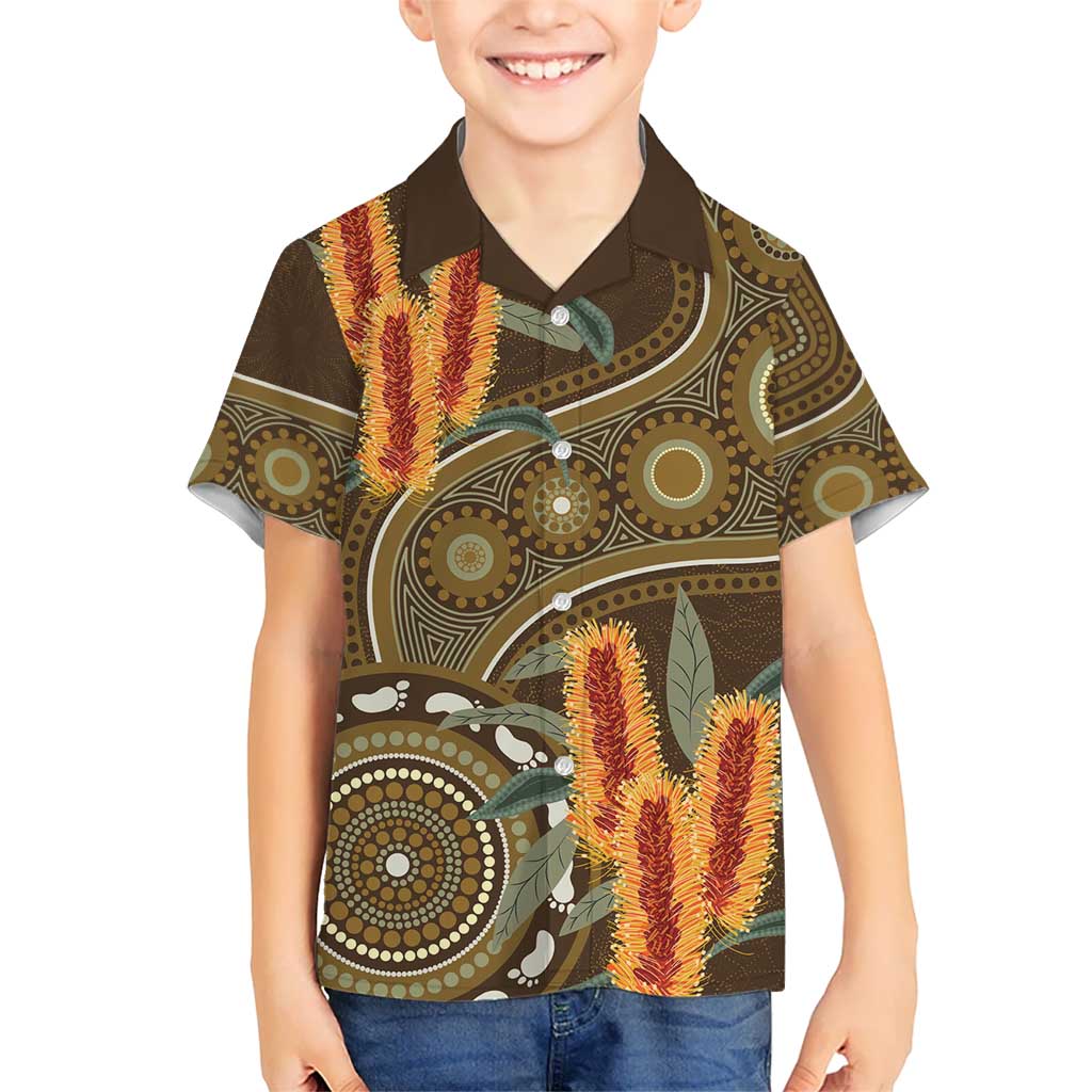 Australian Yellow Banksia Flowers Kid Hawaiian Shirt Aboriginal Dot Art