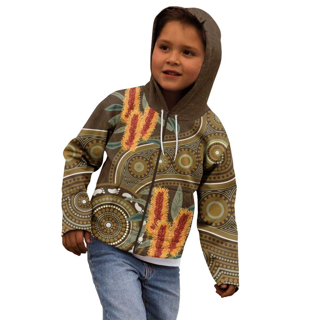Australian Yellow Banksia Flowers Kid Hoodie Aboriginal Dot Art