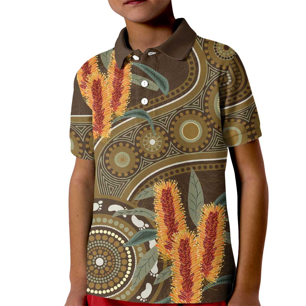 Australian Yellow Banksia Flowers Kid Polo Shirt Aboriginal Dot Art
