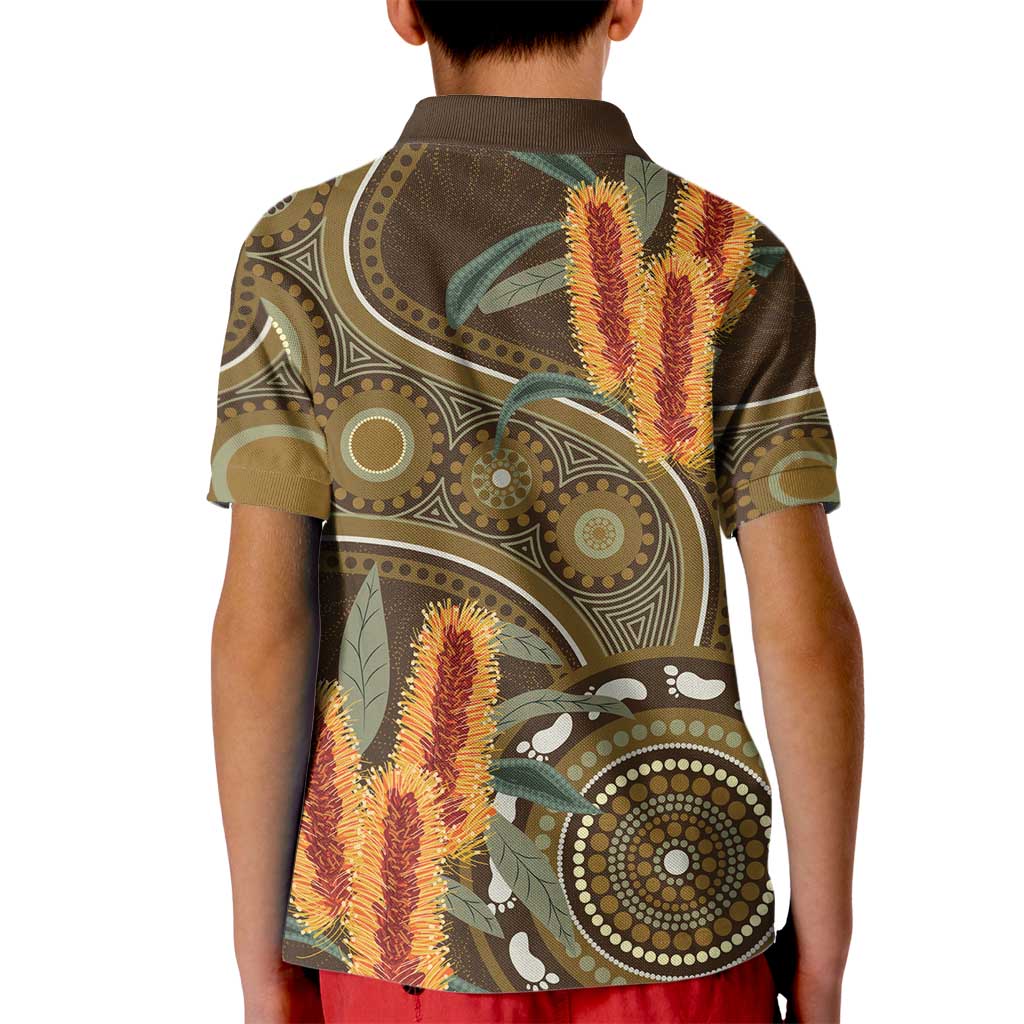Australian Yellow Banksia Flowers Kid Polo Shirt Aboriginal Dot Art