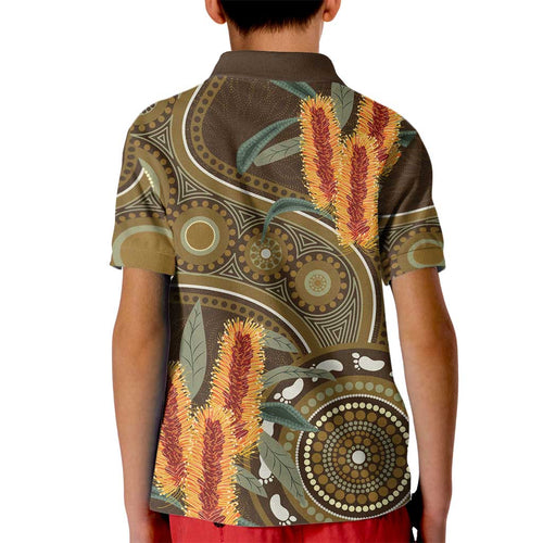 Australian Yellow Banksia Flowers Kid Polo Shirt Aboriginal Dot Art