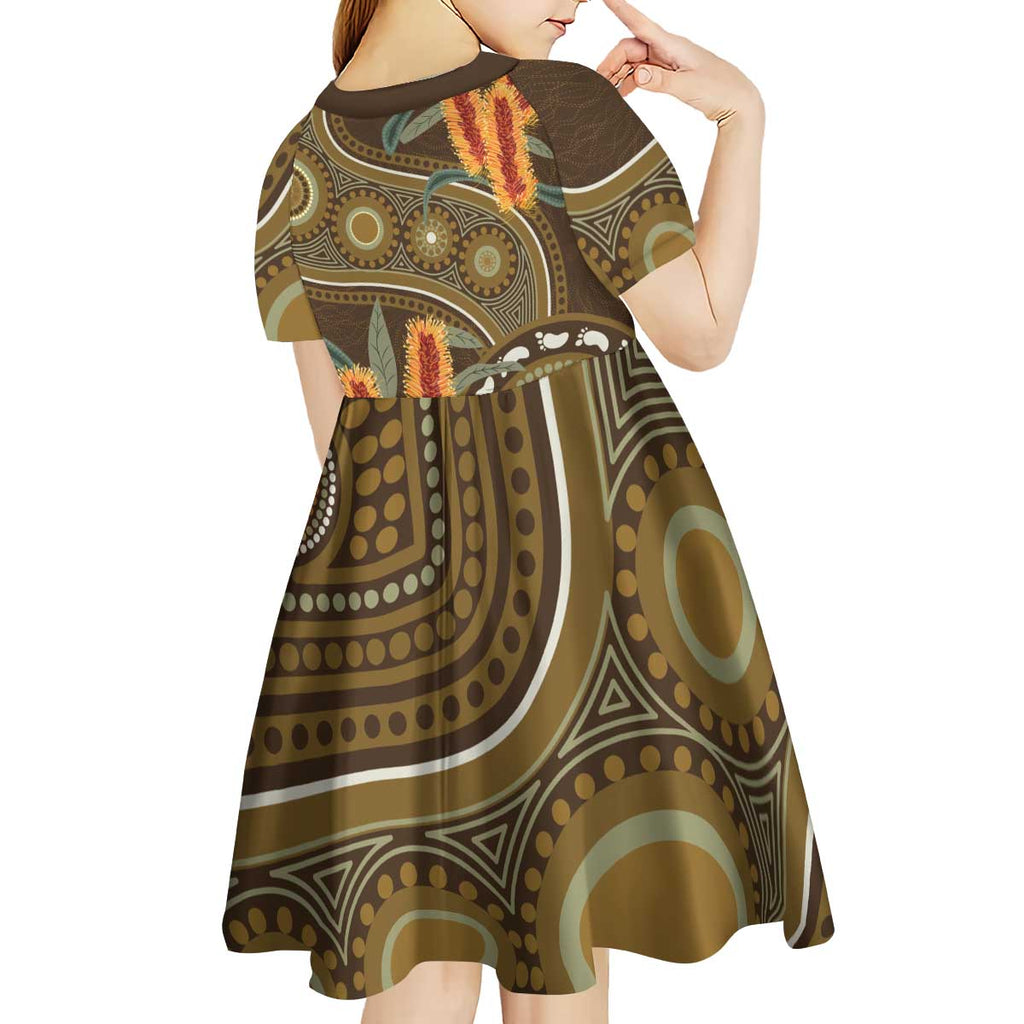 Australian Yellow Banksia Flowers Kid Short Sleeve Dress Aboriginal Dot Art