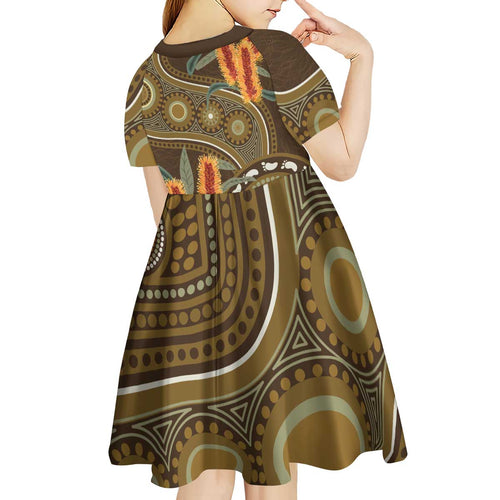 Australian Yellow Banksia Flowers Kid Short Sleeve Dress Aboriginal Dot Art
