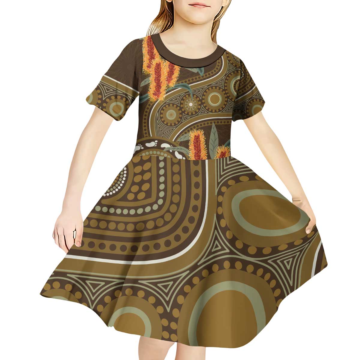 Australian Yellow Banksia Flowers Kid Short Sleeve Dress Aboriginal Dot Art
