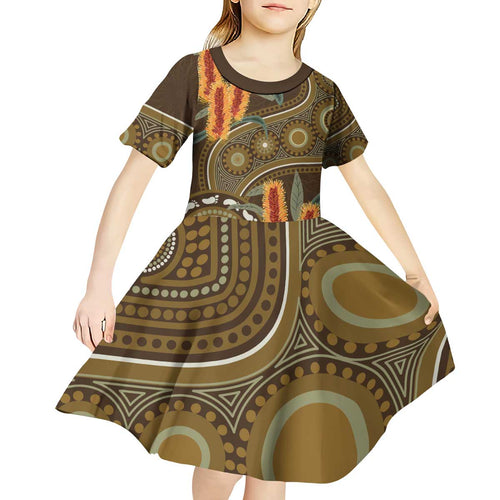 Australian Yellow Banksia Flowers Kid Short Sleeve Dress Aboriginal Dot Art