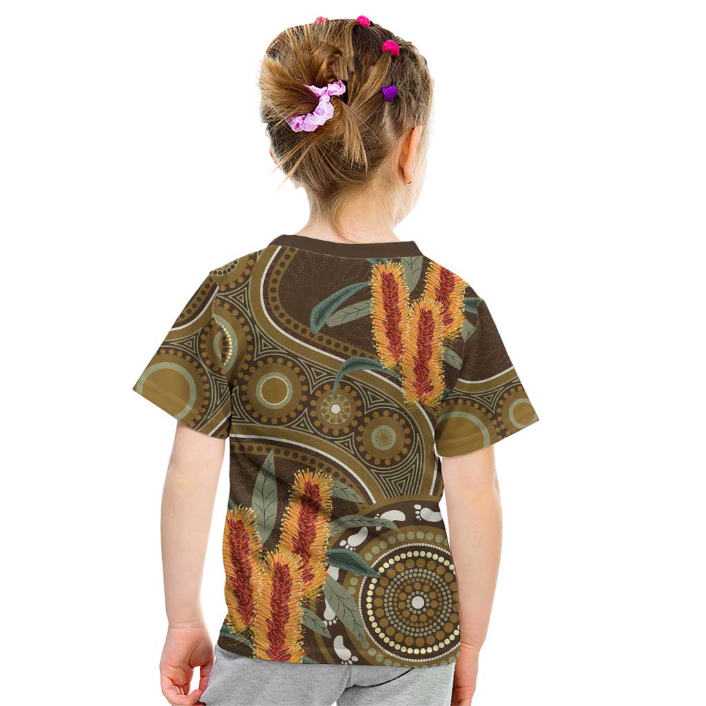 Australian Yellow Banksia Flowers Kid T Shirt Aboriginal Dot Art