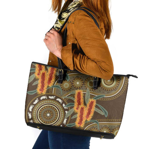 Australian Yellow Banksia Flowers Leather Tote Bag Aboriginal Dot Art