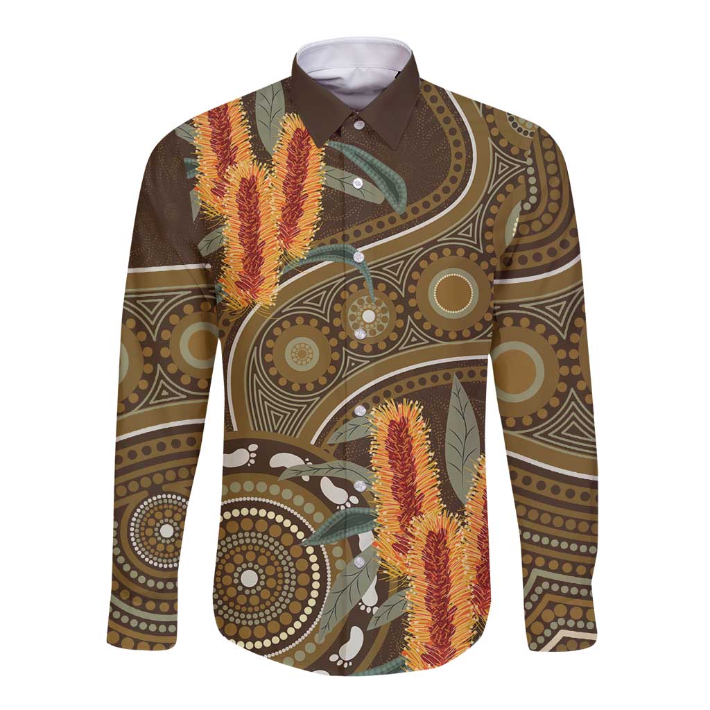 Australian Yellow Banksia Flowers Long Sleeve Button Shirt Aboriginal Dot Art