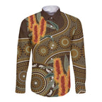 Australian Yellow Banksia Flowers Long Sleeve Button Shirt Aboriginal Dot Art