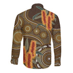 Australian Yellow Banksia Flowers Long Sleeve Button Shirt Aboriginal Dot Art