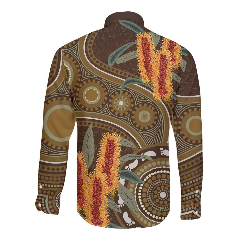 Australian Yellow Banksia Flowers Long Sleeve Button Shirt Aboriginal Dot Art