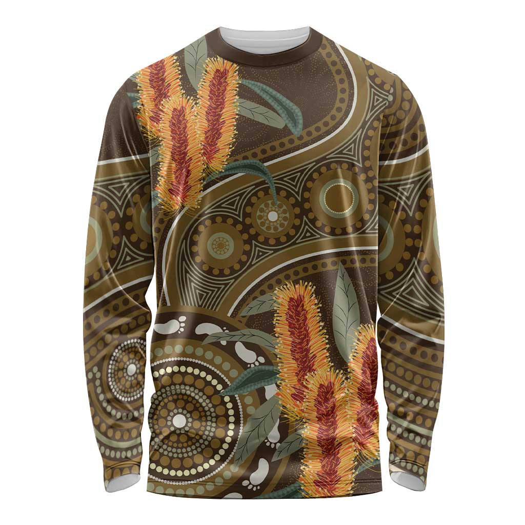 Australian Yellow Banksia Flowers Long Sleeve Shirt Aboriginal Dot Art