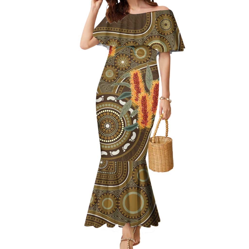 Australian Yellow Banksia Flowers Mermaid Dress Aboriginal Dot Art