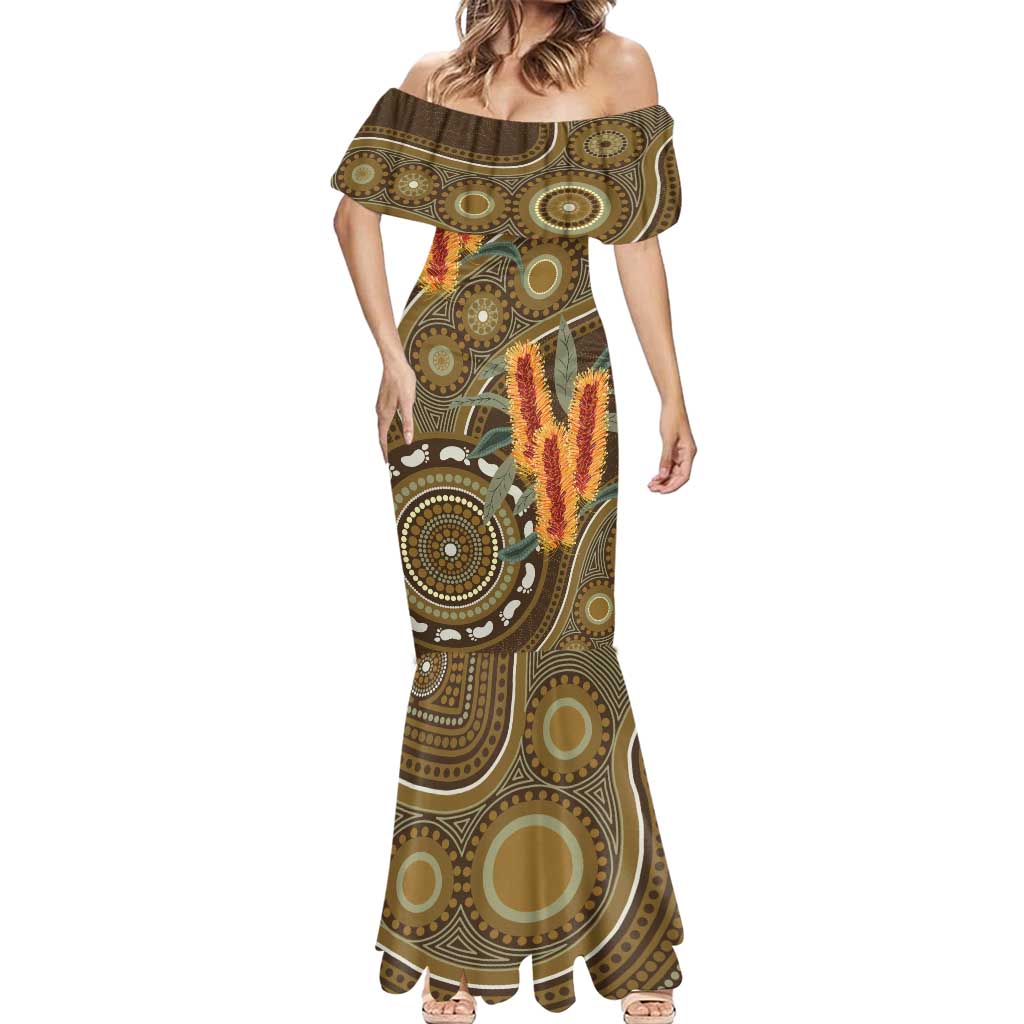 Australian Yellow Banksia Flowers Mermaid Dress Aboriginal Dot Art
