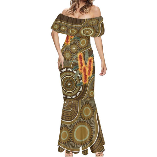 Australian Yellow Banksia Flowers Mermaid Dress Aboriginal Dot Art