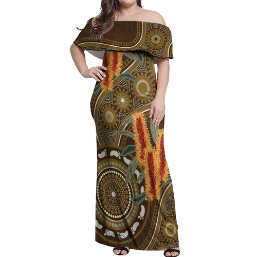Australian Yellow Banksia Flowers Off Shoulder Maxi Dress Aboriginal Dot Art