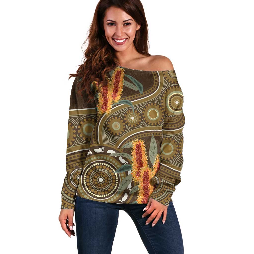 Australian Yellow Banksia Flowers Off Shoulder Sweater Aboriginal Dot Art