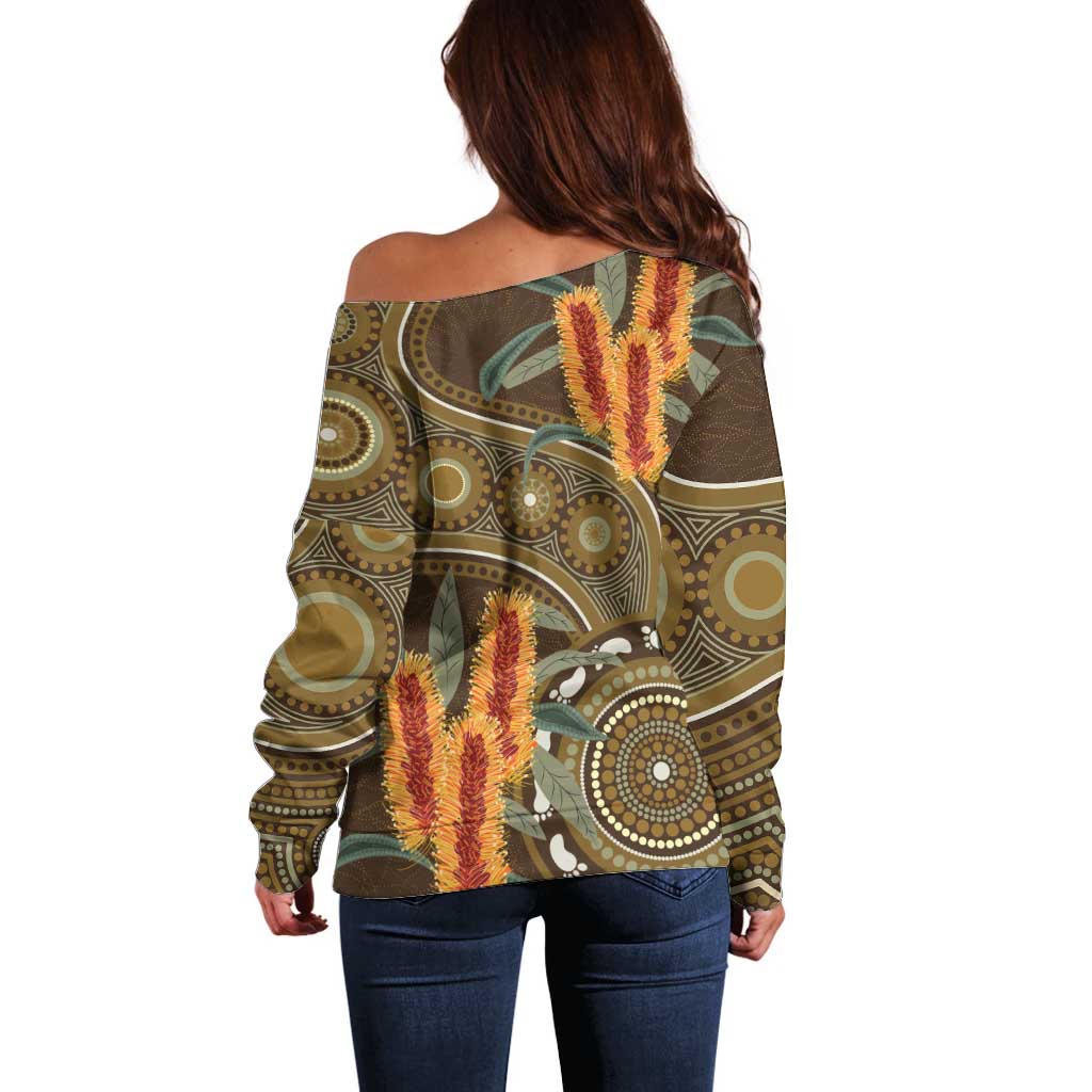 Australian Yellow Banksia Flowers Off Shoulder Sweater Aboriginal Dot Art