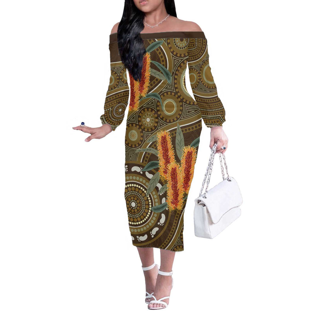 Australian Yellow Banksia Flowers Off The Shoulder Long Sleeve Dress Aboriginal Dot Art