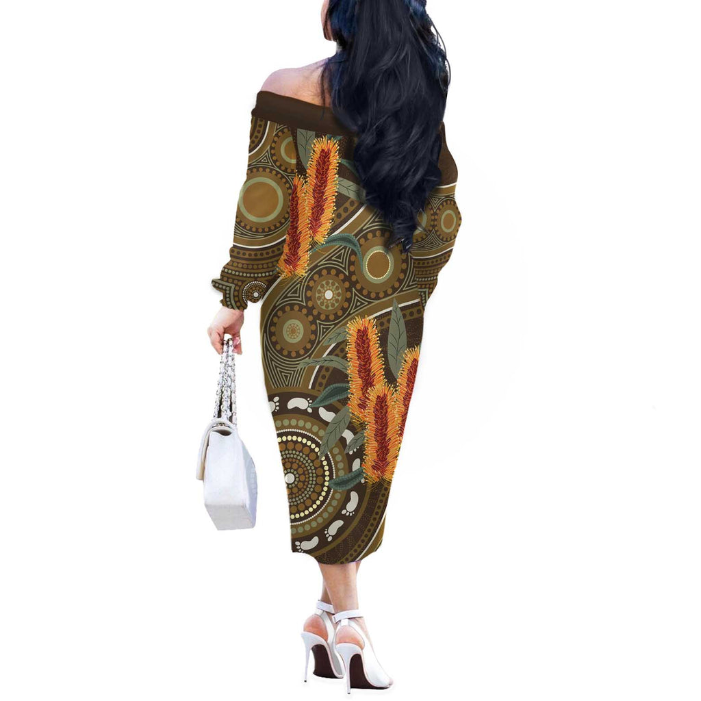Australian Yellow Banksia Flowers Off The Shoulder Long Sleeve Dress Aboriginal Dot Art