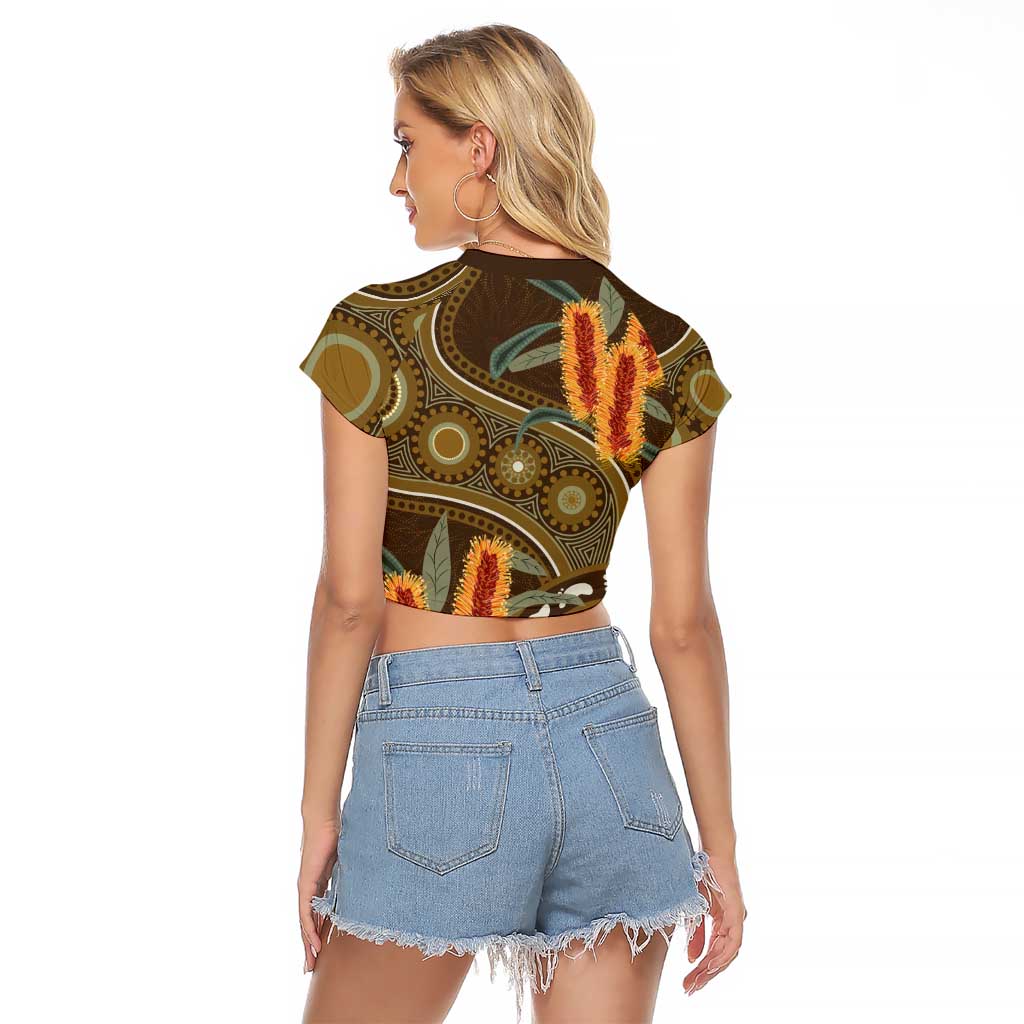 Australian Yellow Banksia Flowers Raglan Cropped T Shirt Aboriginal Dot Art