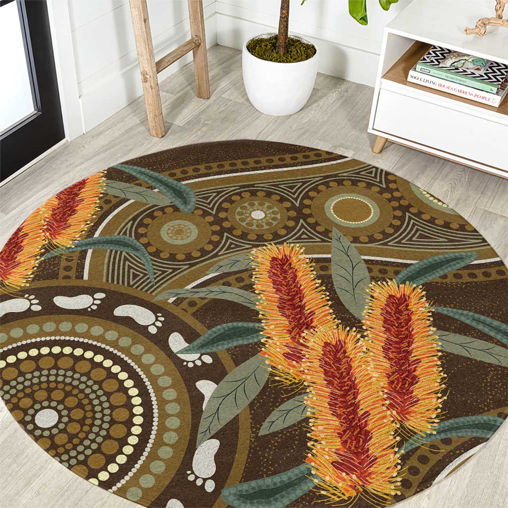 Australian Yellow Banksia Flowers Round Carpet Aboriginal Dot Art