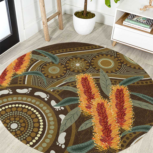 Australian Yellow Banksia Flowers Round Carpet Aboriginal Dot Art