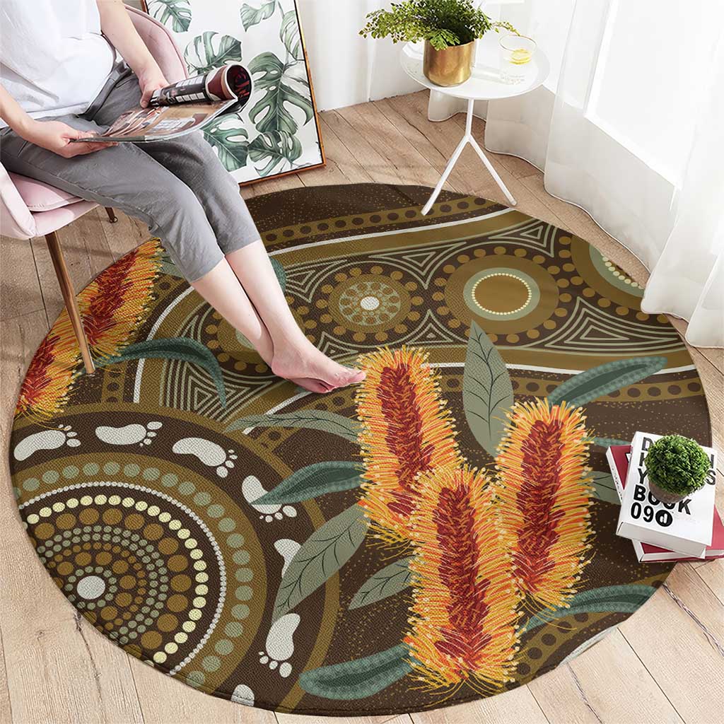 Australian Yellow Banksia Flowers Round Carpet Aboriginal Dot Art