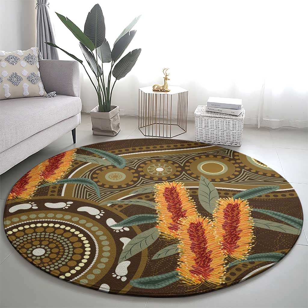 Australian Yellow Banksia Flowers Round Carpet Aboriginal Dot Art
