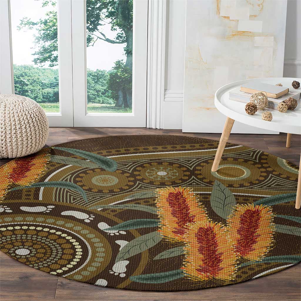 Australian Yellow Banksia Flowers Round Carpet Aboriginal Dot Art