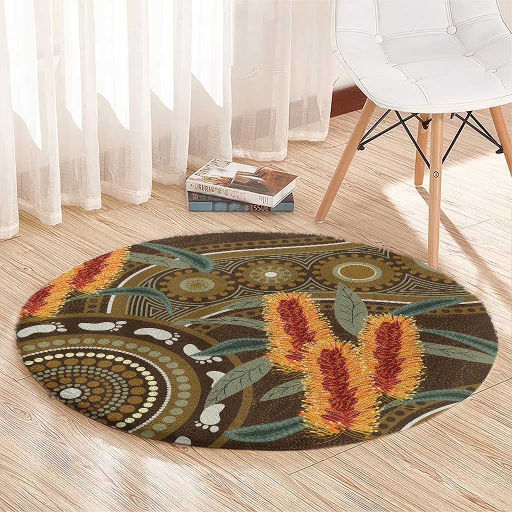 Australian Yellow Banksia Flowers Round Carpet Aboriginal Dot Art