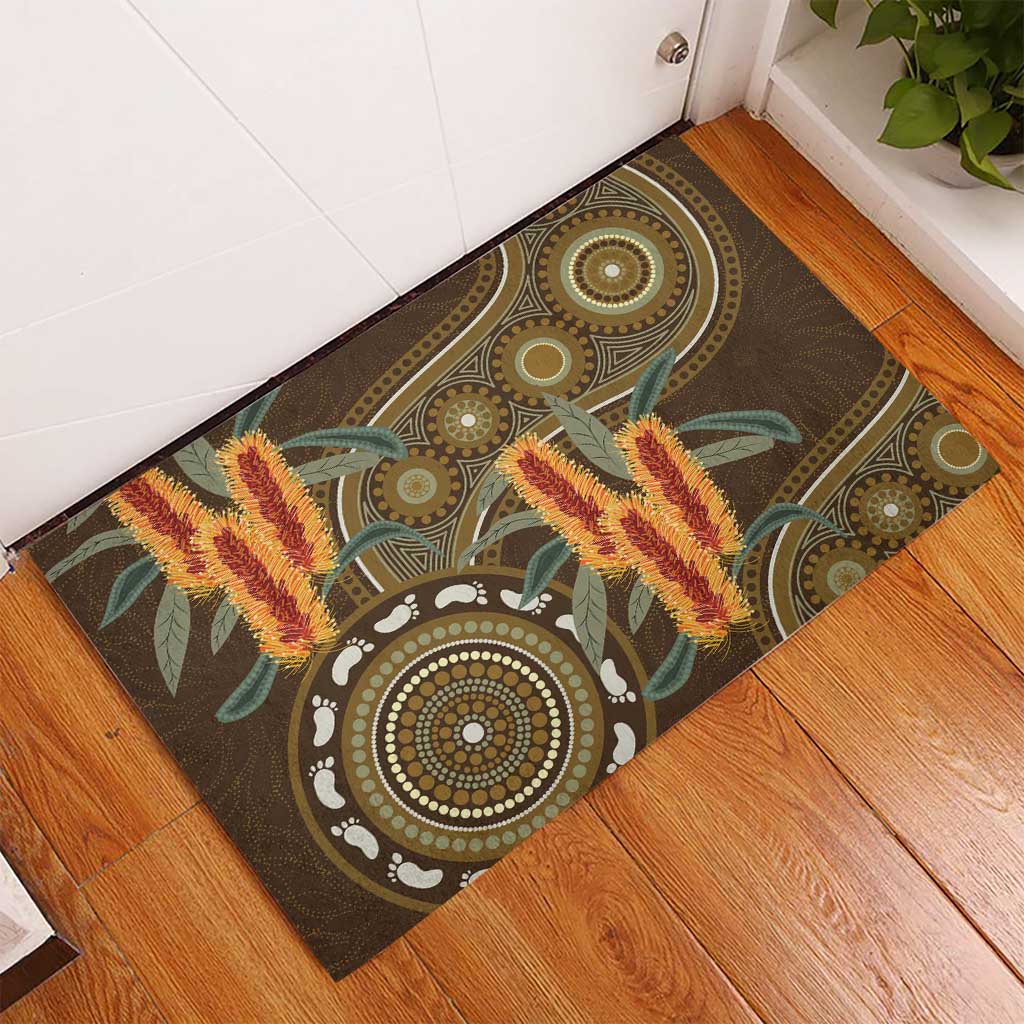 Australian Yellow Banksia Flowers Rubber Doormat Aboriginal Dot Art