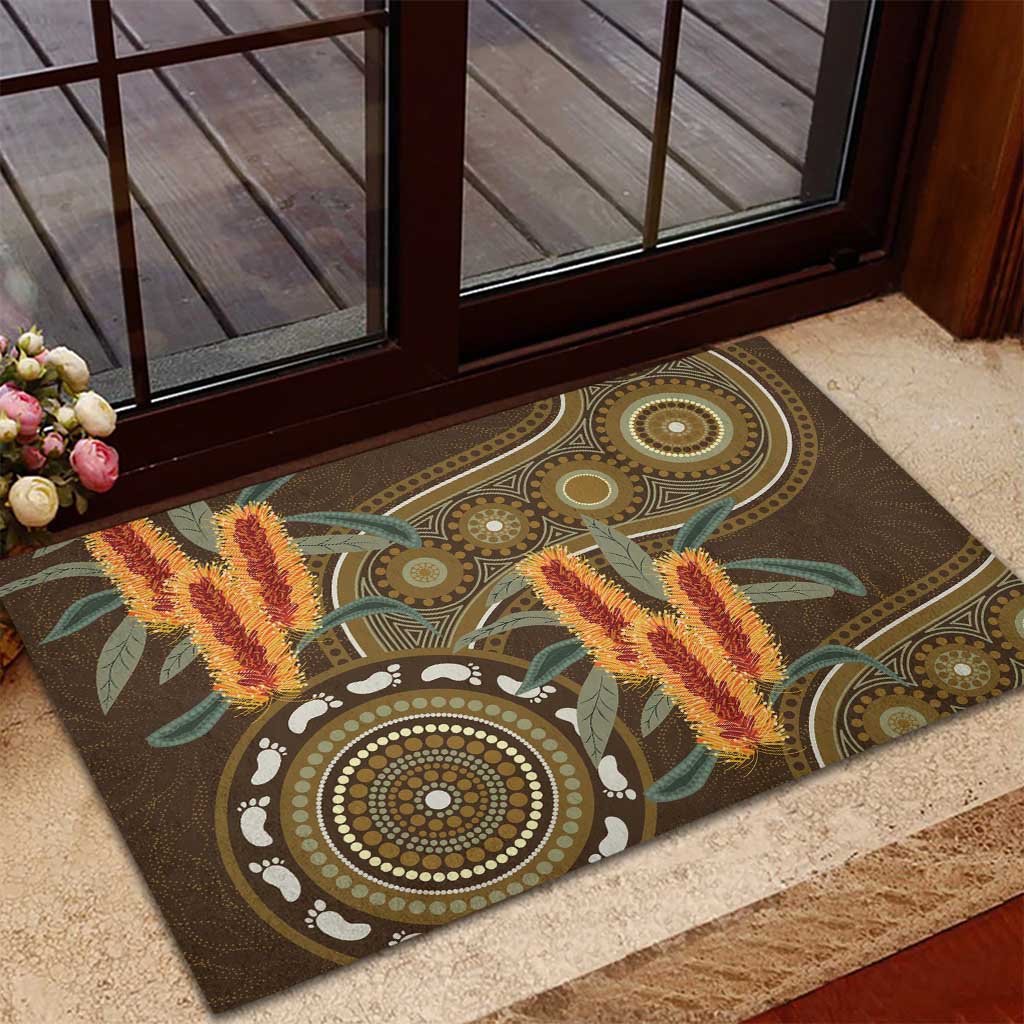 Australian Yellow Banksia Flowers Rubber Doormat Aboriginal Dot Art