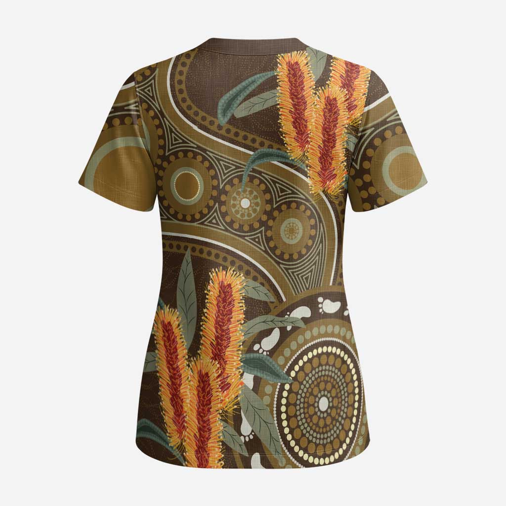 Australian Yellow Banksia Flowers Scrub Top Aboriginal Dot Art - Aussie Hoodie