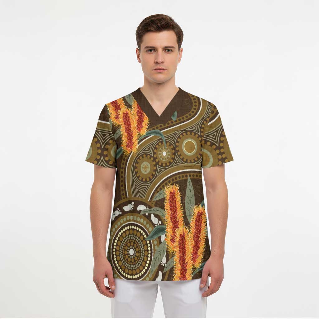 Australian Yellow Banksia Flowers Scrub Top Aboriginal Dot Art - Aussie Hoodie