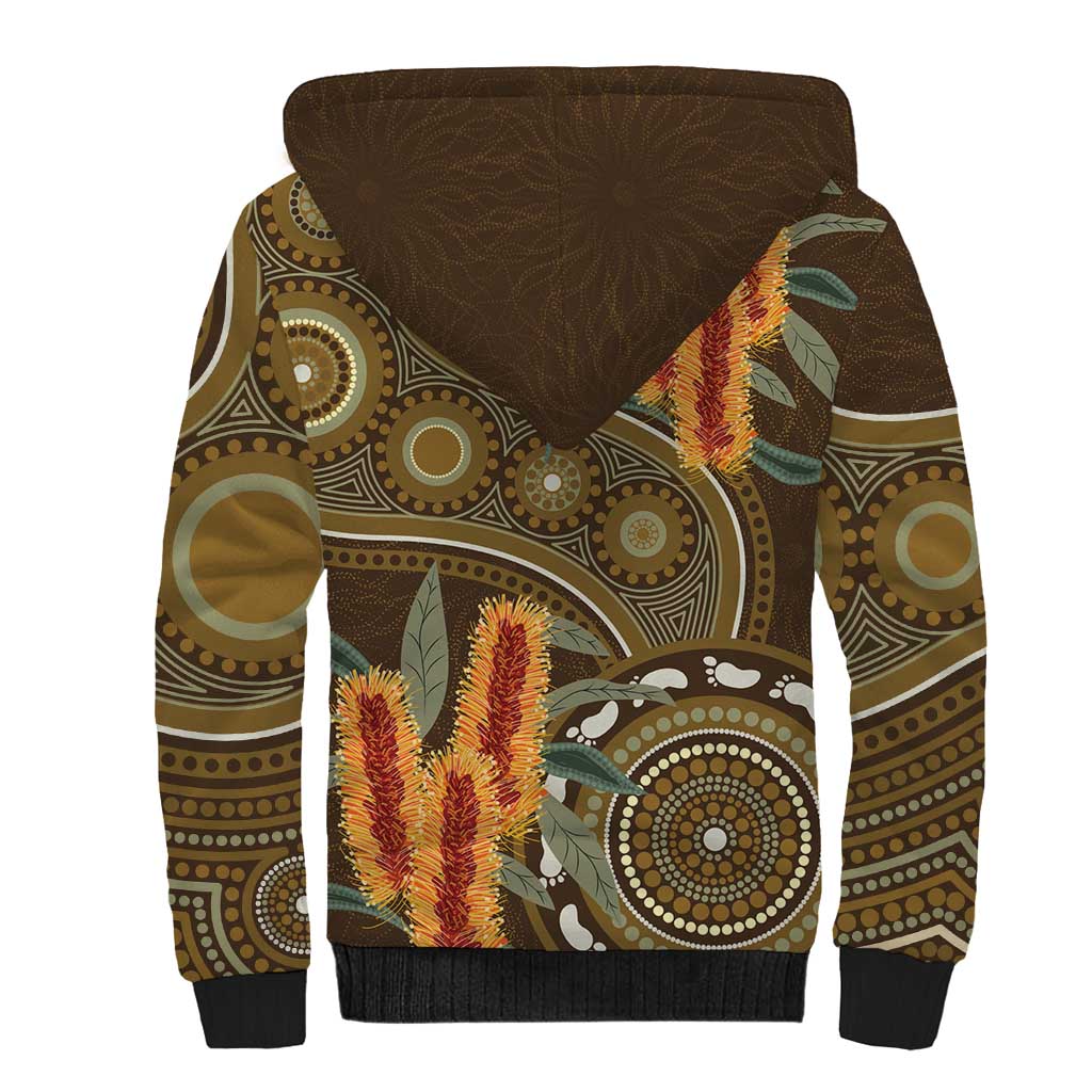Australian Yellow Banksia Flowers Sherpa Hoodie Aboriginal Dot Art