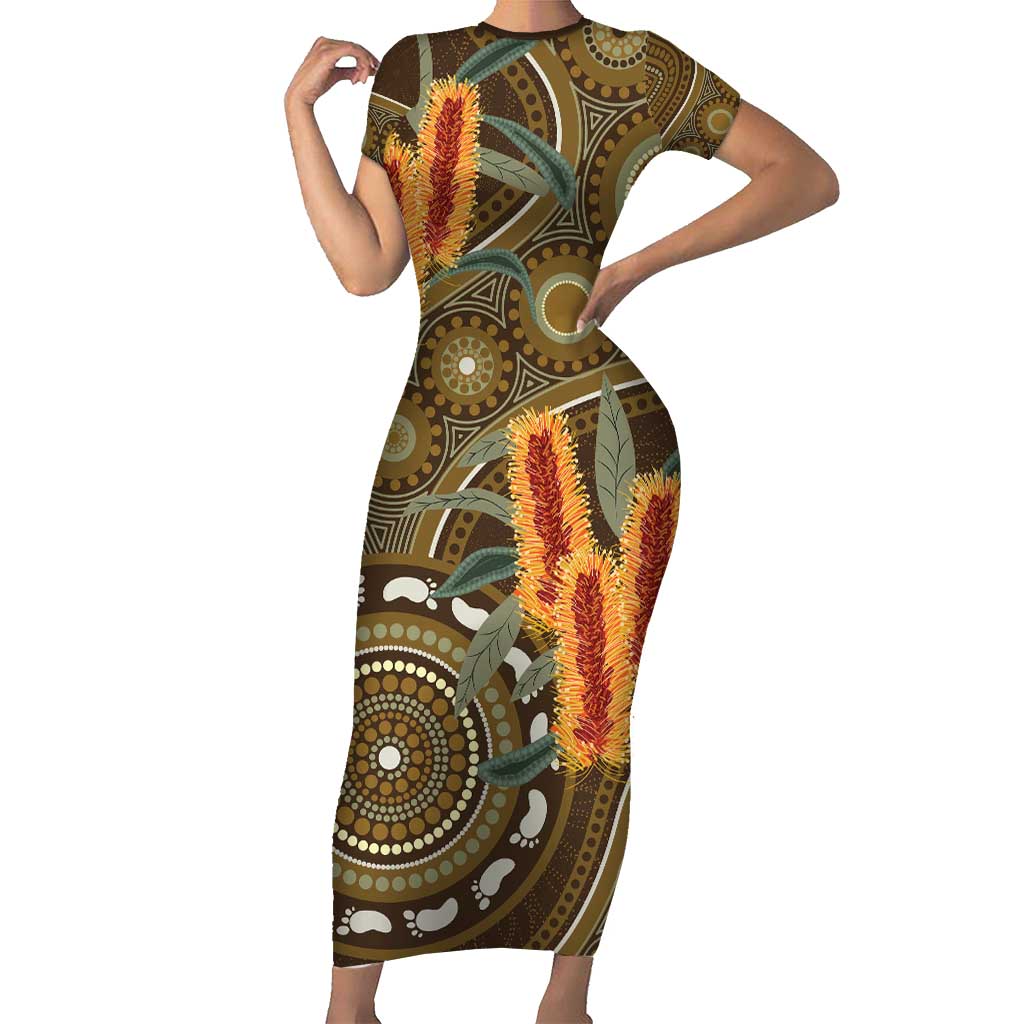Australian Yellow Banksia Flowers Short Sleeve Bodycon Dress Aboriginal Dot Art