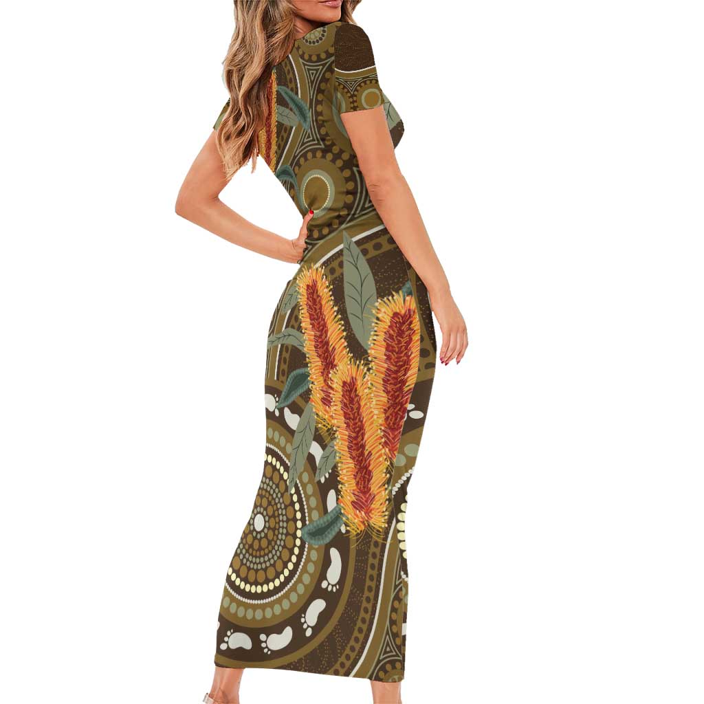 Australian Yellow Banksia Flowers Short Sleeve Bodycon Dress Aboriginal Dot Art