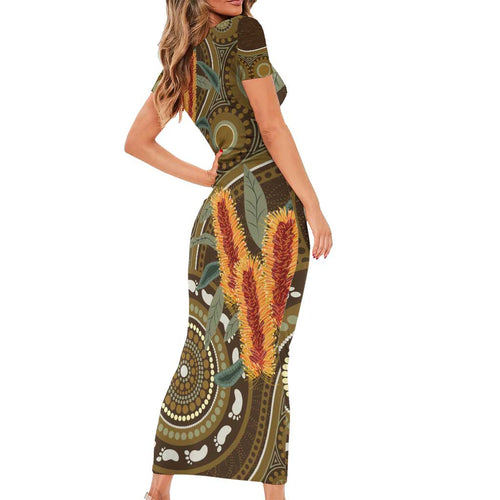 Australian Yellow Banksia Flowers Short Sleeve Bodycon Dress Aboriginal Dot Art