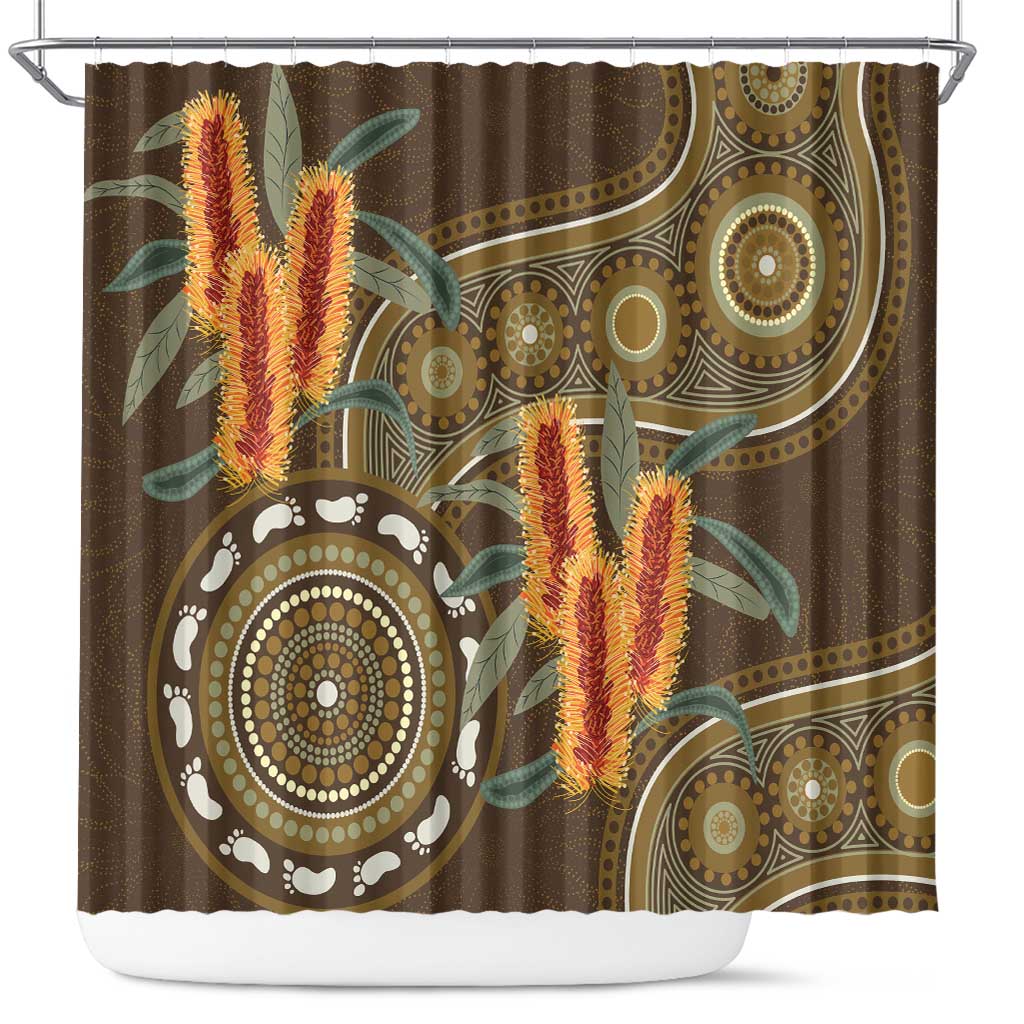 Australian Yellow Banksia Flowers Shower Curtain Aboriginal Dot Art