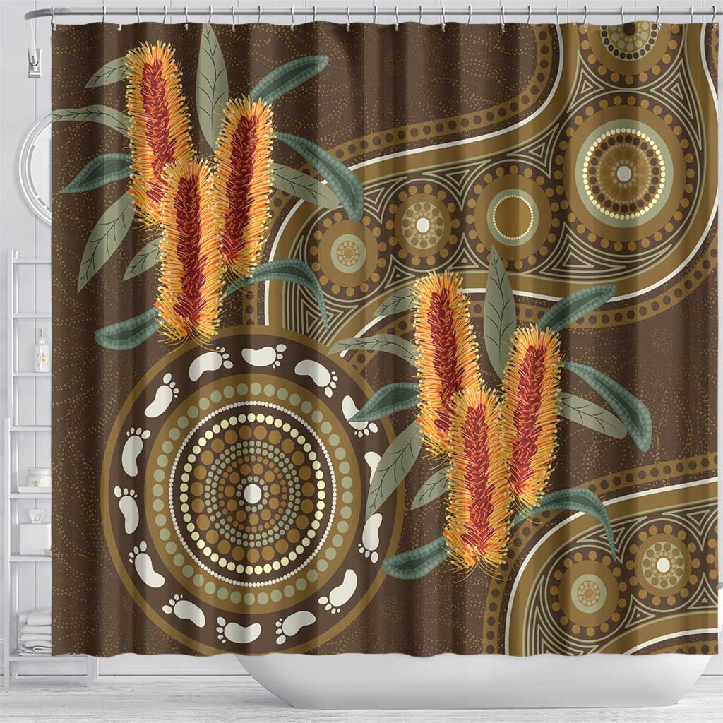 Australian Yellow Banksia Flowers Shower Curtain Aboriginal Dot Art