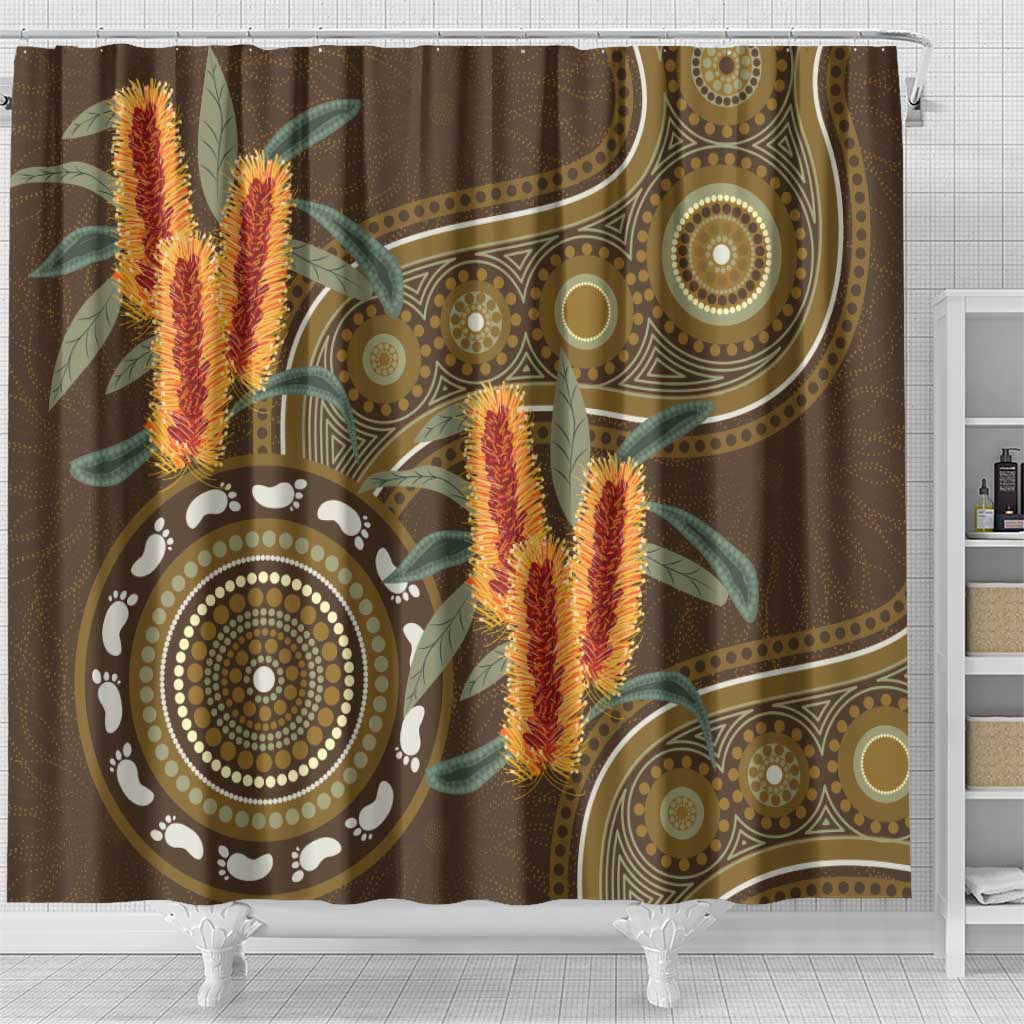 Australian Yellow Banksia Flowers Shower Curtain Aboriginal Dot Art