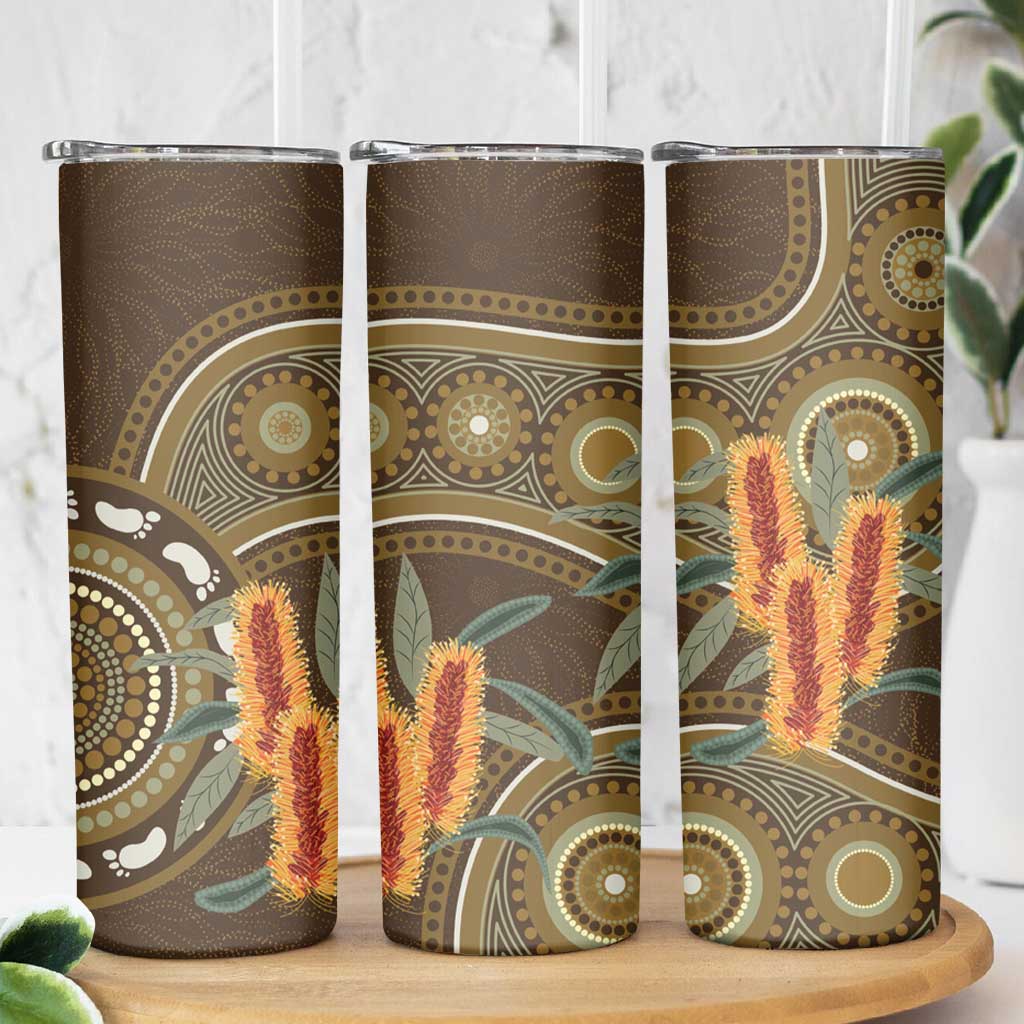 Australian Yellow Banksia Flowers Skinny Tumbler Aboriginal Dot Art